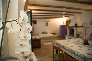 Romantisches Studio, Terrasse, Gartenblick (Ground Floor Maxi) | Wohnbereich | 43-Zoll-Flachbildfernseher mit Satellitenempfang, LCD-Fernseher