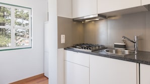 Una cocina moderna con armarios blancos, un lavamanos de acero inoxidable y una estufa a gas.