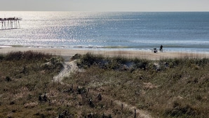 A beach with a pier, a path leading to the water, and a person sitting on the sand.