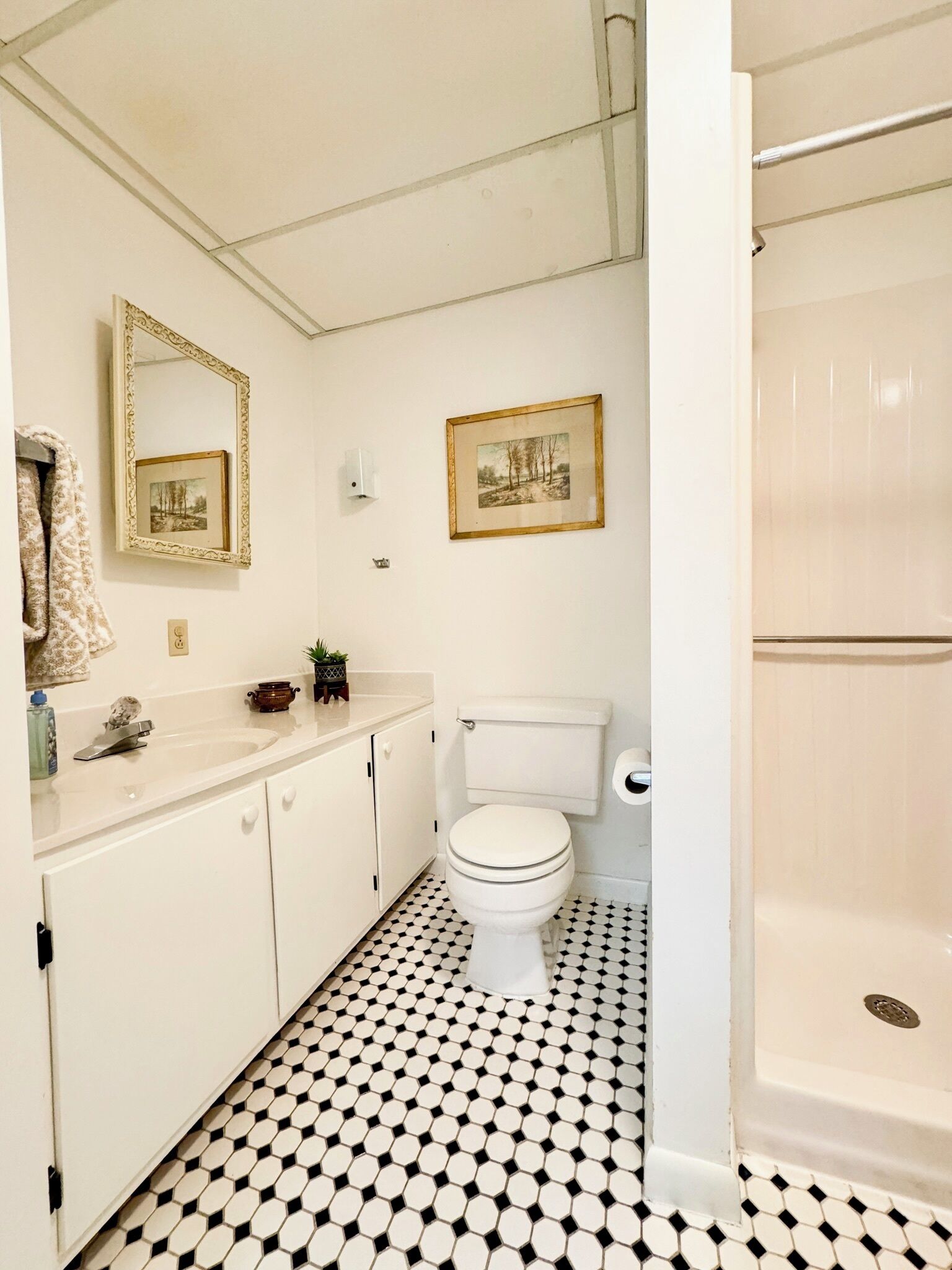Een badkamer met een wit toilet, een wastafel met spiegel en een douchehoek.