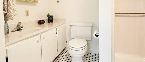 Een badkamer met een wit toilet, een wastafel met spiegel en een douchehoek.