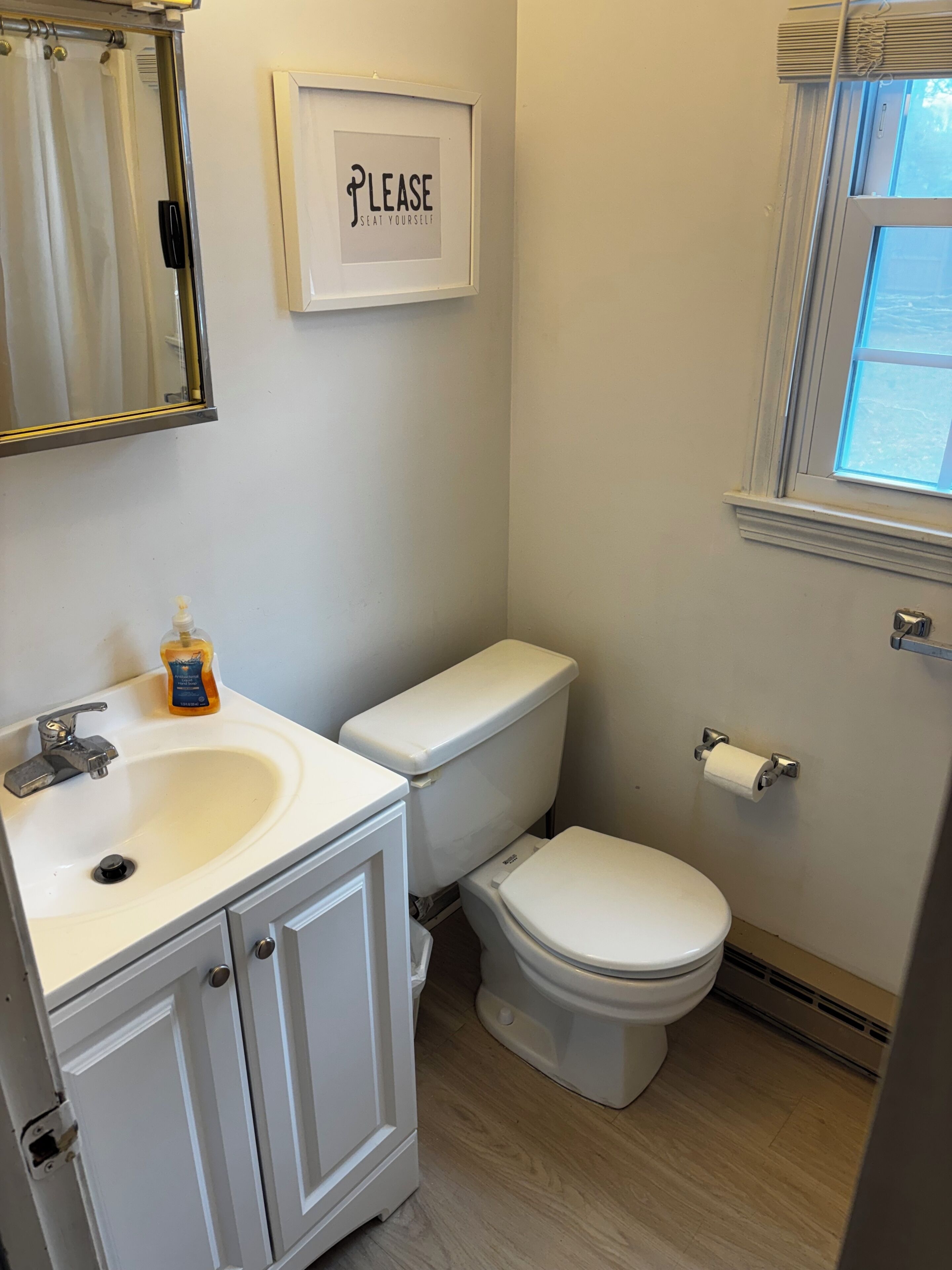 A bathroom with a sink, toilet, and a framed sign that says 'PLEASE SEAT YOURSELF.'