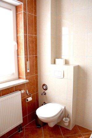 Hair dryer, towels, soap