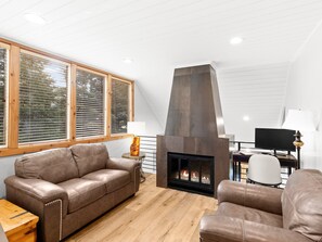 Smart TV, fireplace, DVD player, books