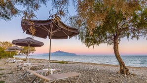 Une plage avec des chaises longues et des parasols, un rivage rocheux et un arbre.