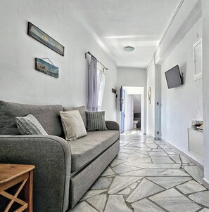 Smart TV, fireplace, books, stereo