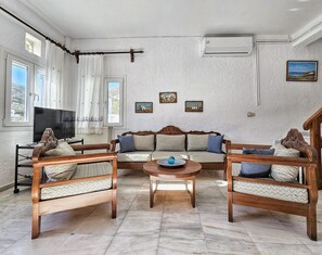 Smart TV, chimenea, libros y estéreo 