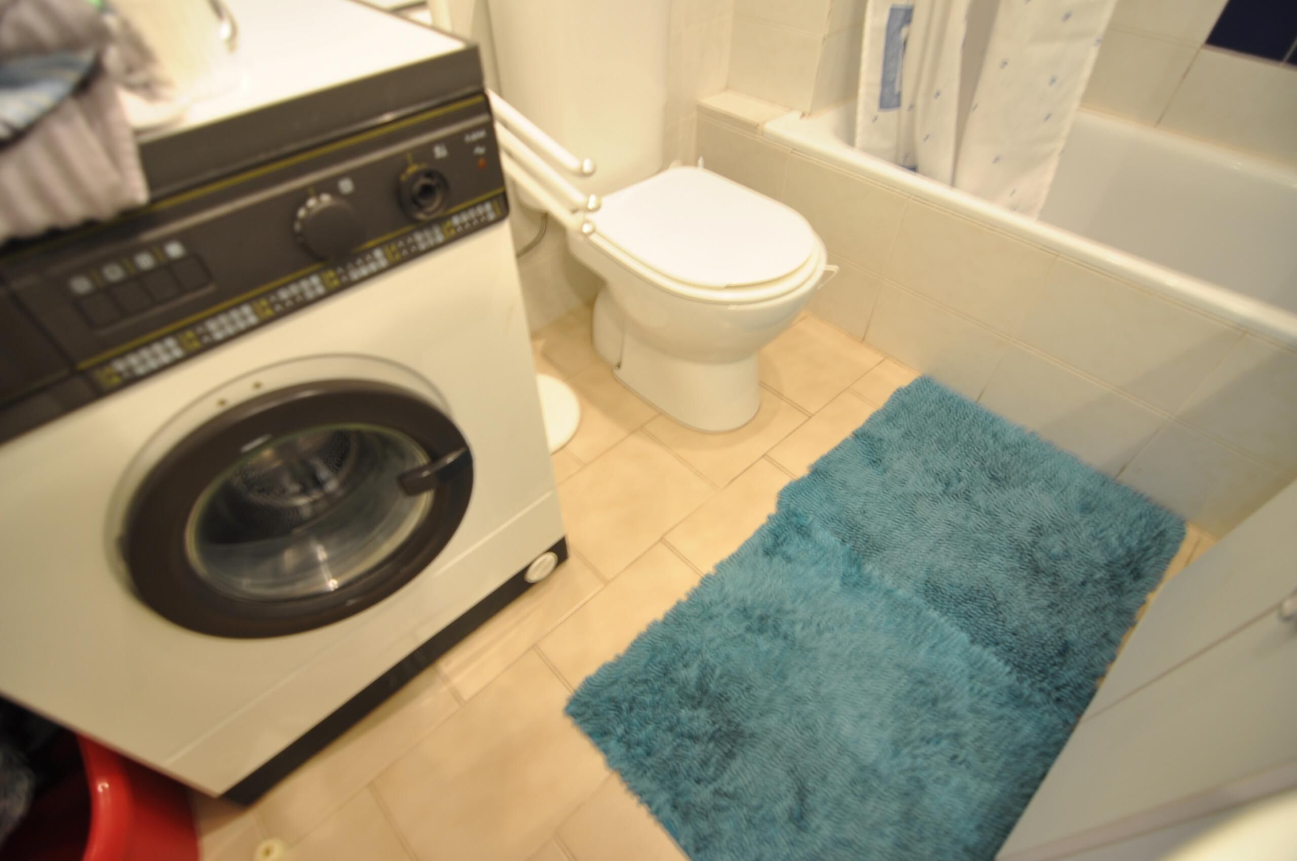 A laundry room with a washing machine, a toilet, and a blue bath mat.