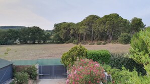 Een woonhuis met een groot open veld, dichte bomen en diverse struiken en bloemen.