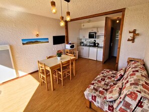 A compact living space with a dining area, kitchenette, and a sofa.