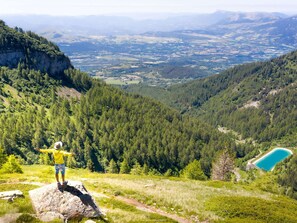 Una persona de pie sobre una roca con vistas a un valle y un lago.