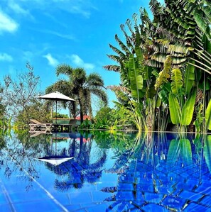 Piscina azul y cristalina que refleja palmeras y un pabellón.