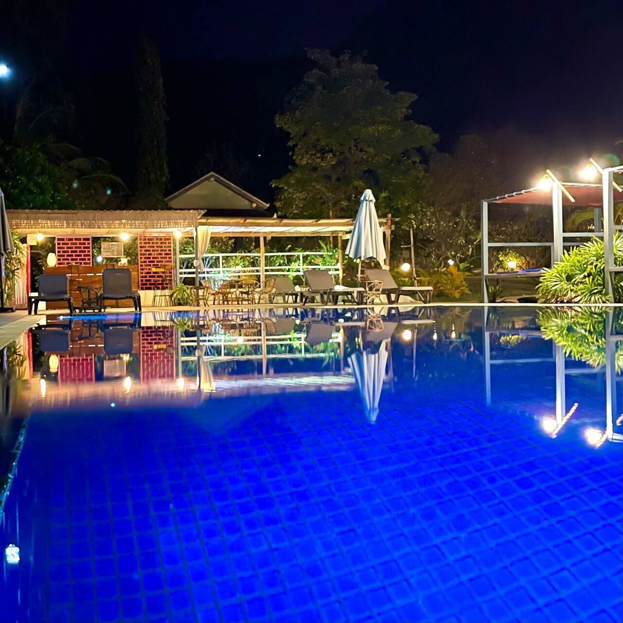 Outdoor pool, pool umbrellas, pool loungers