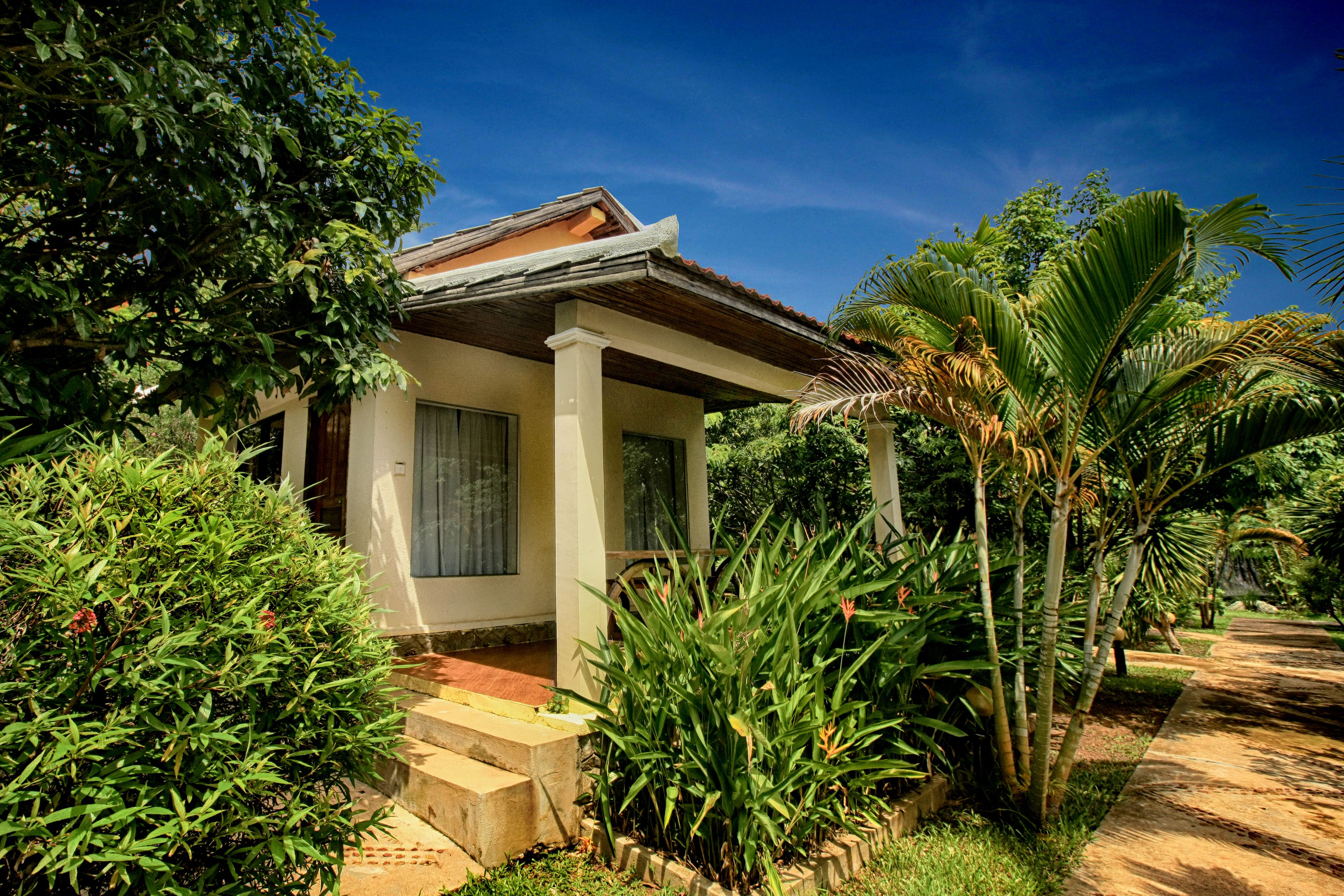 A house with a covered porch, surrounded by lush greenery and palm trees.