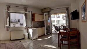 Classic Apartment, City View | Private kitchenette | Full-size fridge, oven, electric kettle, cookware/dishes/utensils - Ariana Apartments (Kassandra)