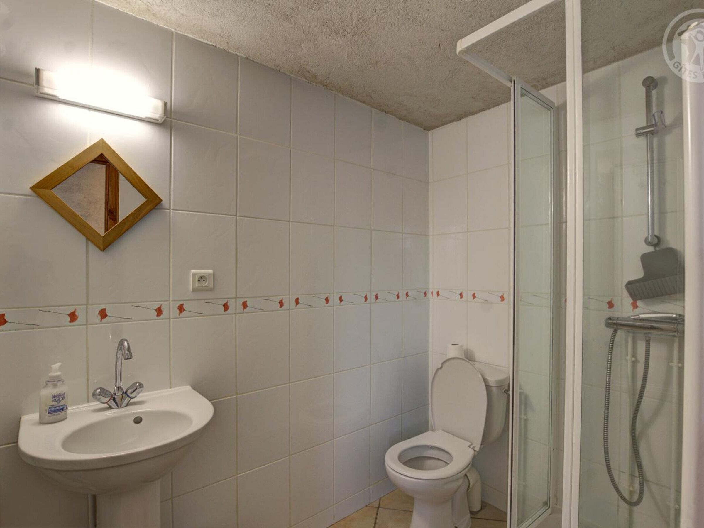 Ein Badezimmer mit Waschbecken, Toilette und Dusche.