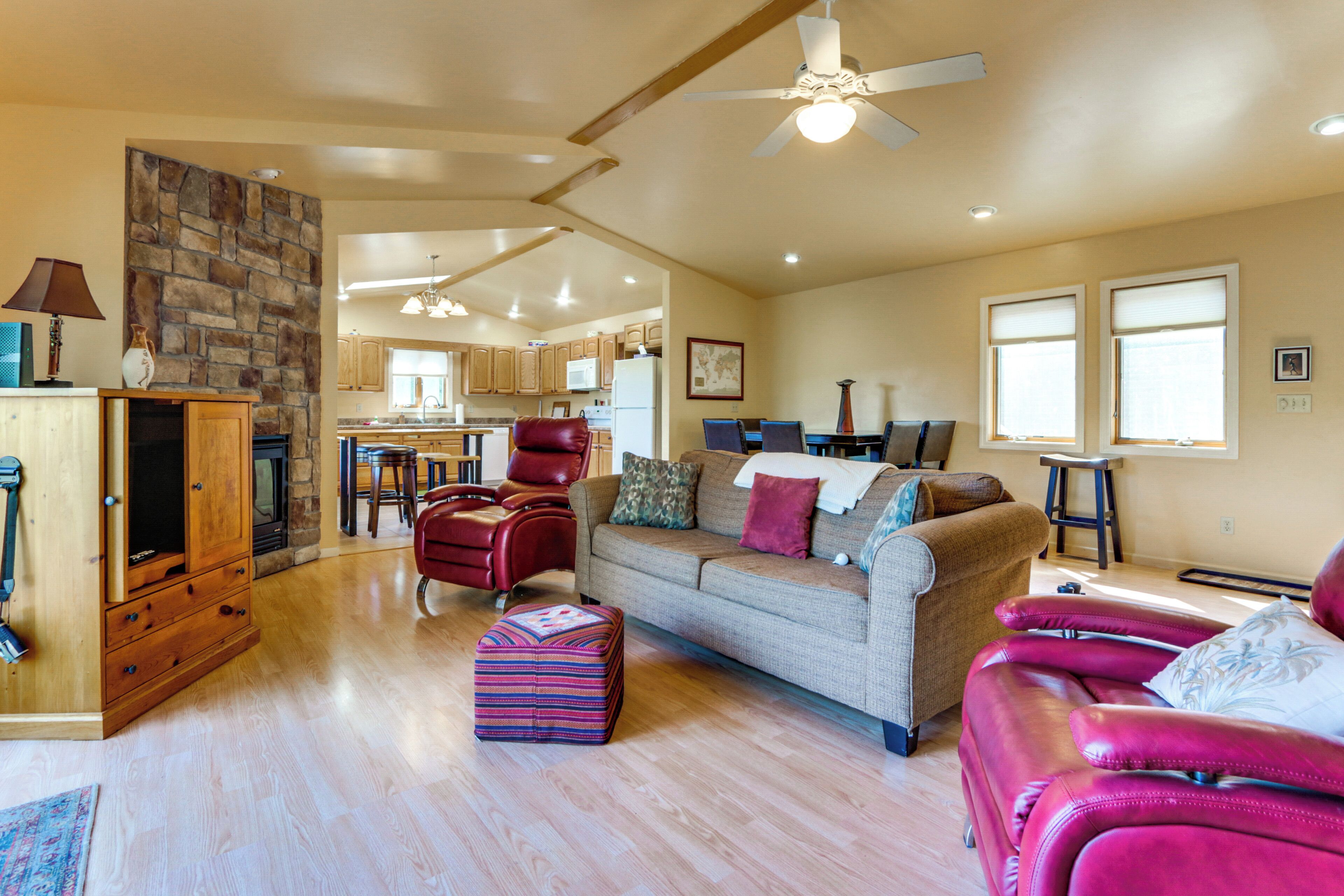 TV, fireplace, books