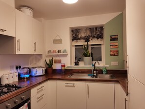 Full-sized fridge, microwave, oven, stovetop