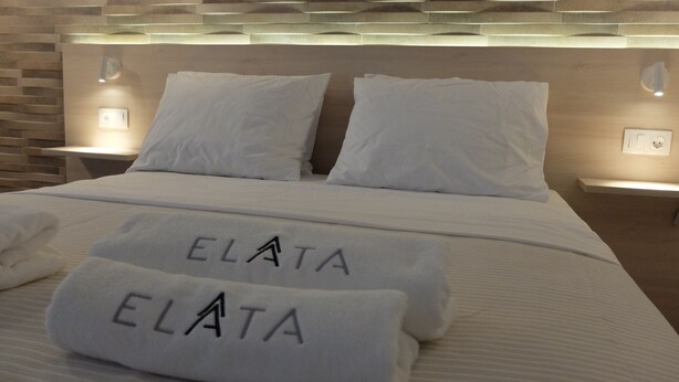 A hotel room with a neatly made bed, two pillows, and two bedside tables with lamps. - Elata-apartments (Thasos)