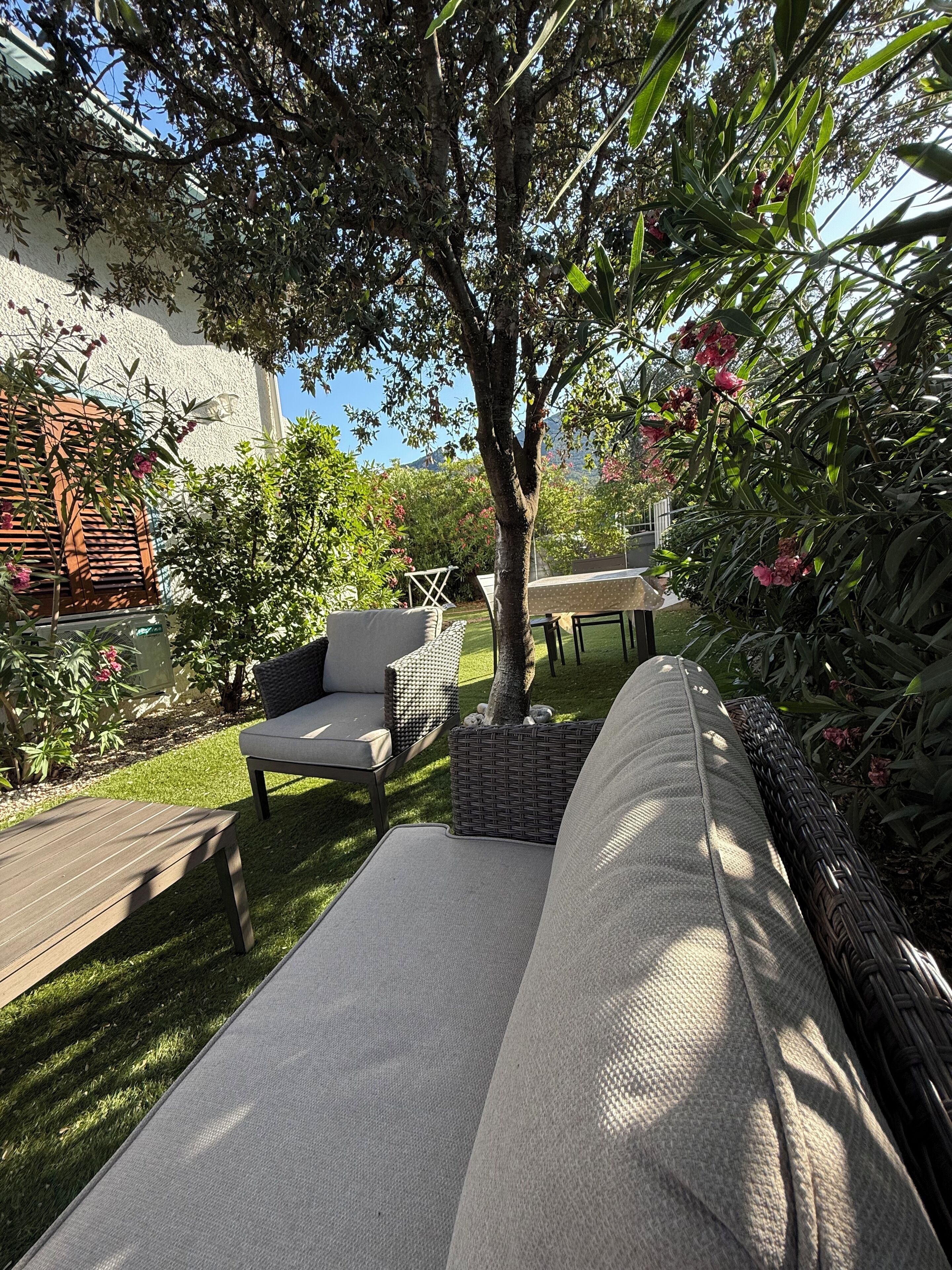 Un giardino con un divano, sedie, un tavolo e un albero.