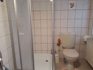 Een douche, handdoeken, zeep, toiletpapier