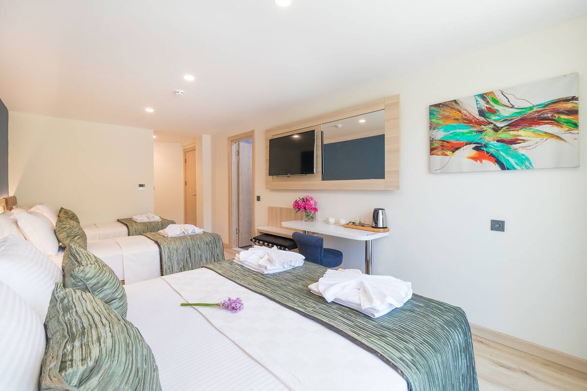 Ein Hotelzimmer mit zwei Betten, einem Schreibtisch, einem Fernseher und einem Bild an der Wand.
