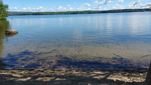 A calm lake with clear water, surrounded by trees and a distant shoreline. - Gerbers 1870 Chalet - A touch of Bavaria in Canada (Killaloe)