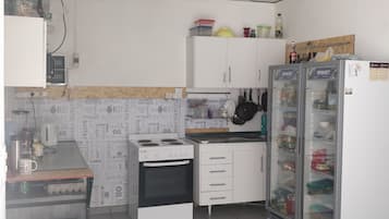 Fridge, microwave, oven, cookware/dishes/utensils