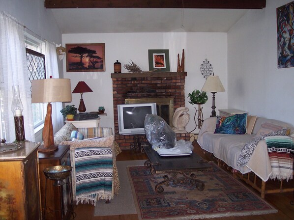 Televisio, takka, DVD-soitin, kirjoja