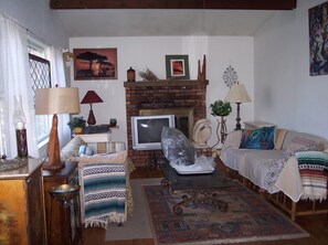 TV, fireplace, DVD player, books