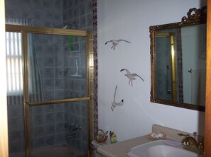 Hair dryer, towels, soap, shampoo