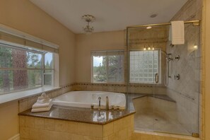 Combined shower/tub, jetted tub, hair dryer, towels