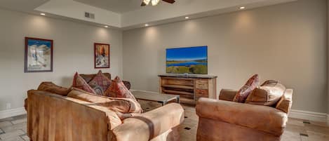 TV, fireplace, video games, foosball