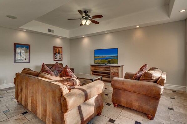 TV, fireplace, video games, table football