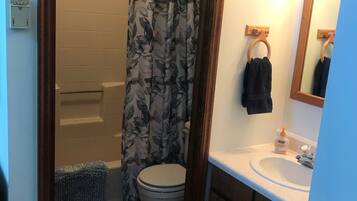 Combined shower/tub, hair dryer, towels, soap
