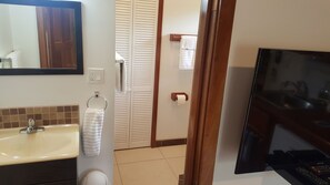 Shower, towels, soap, toilet paper