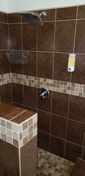 Regadera, toallas, jabón, papel de baño 