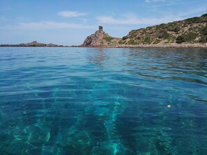 Explore the tranquil coastline with breathtaking ocean views and a picturesque rocky outcrop.