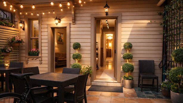 Un patio exterior con mobiliario de mimbre, plantas en macetas y luces colgantes.