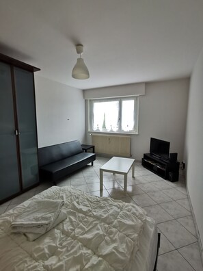 Un dormitorio con cama, sofá, mueble para televisión y ventana.