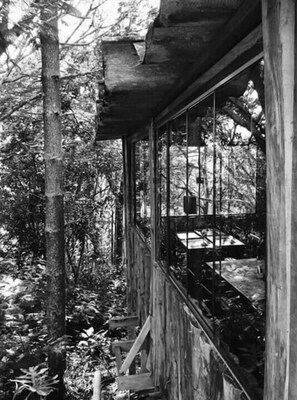 A wooden cabin with large windows, surrounded by trees. - Sítio Colibri - Serra da Mantiqueira (Brazópolis)