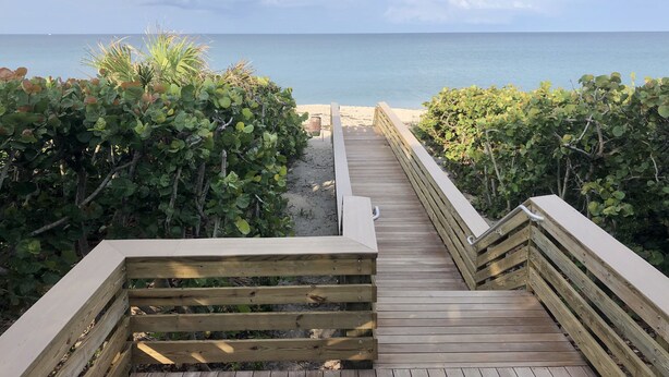 Ein hölzerner Steg führt zu einem Strand, flankiert von dichter Vegetation.