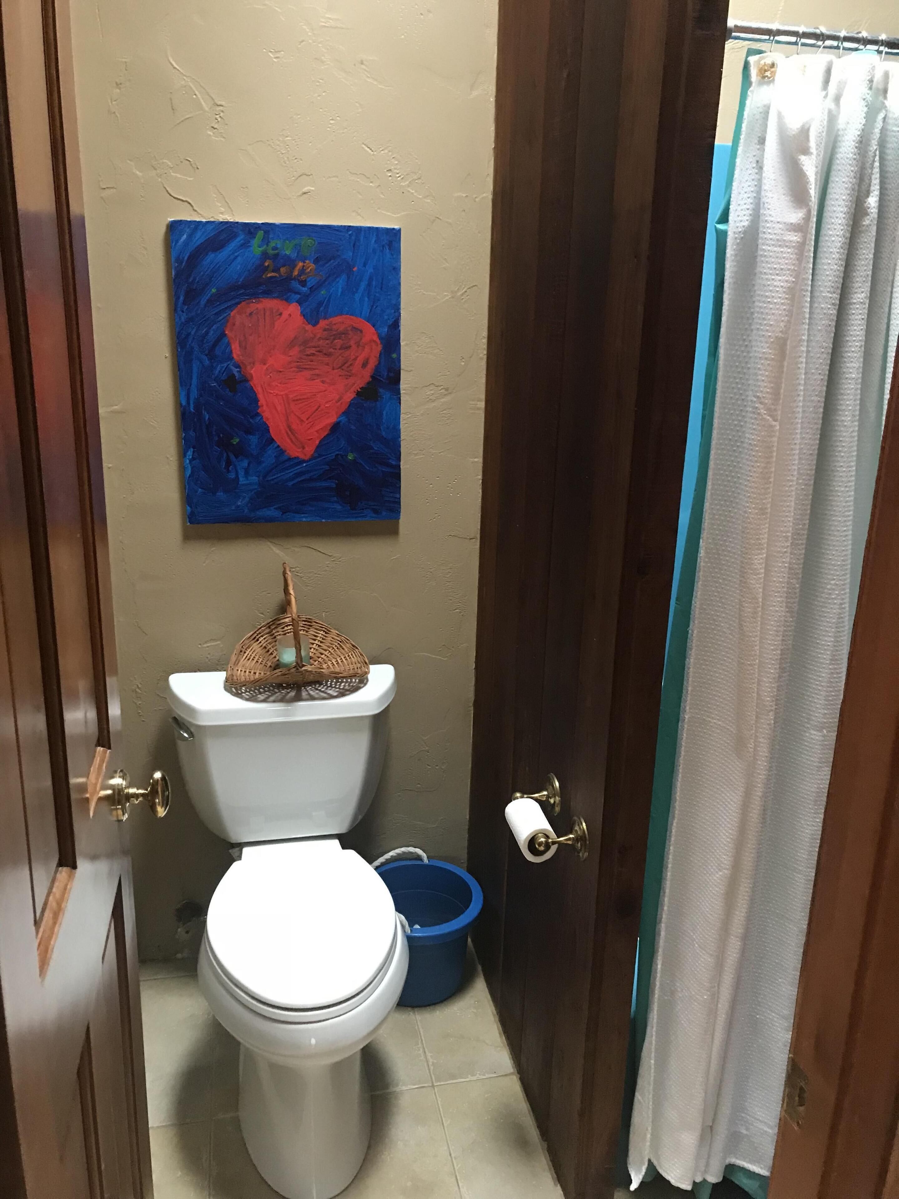 Um banheiro com vaso sanitário, uma lixeira azul e uma pintura azul de um coração vermelho na parede.