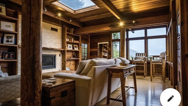 A cozy log cabin interior with a sofa, wooden shelves, a fireplace, and large windows. - Gorgeous Secluded Treehouse with Spectacular Views (Carmel Valley)