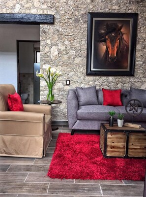 Family Cabin | Living area | 32-inch flat-screen TV with satellite channels, TV