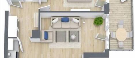 A floor plan of a hotel room with a bed, a sitting area with a sofa and a coffee table, a dining area with a table and chairs, and a small balcony with a table and chairs.