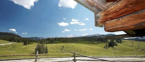 Una cabaña de madera con vistas a un valle verde y montañas lejanas.