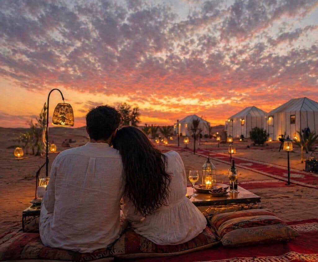 Un couple est assis sur un tapis, avec une vue sur le coucher de soleil. On aperçoit des yourtes et des lanternes en arrière-plan.