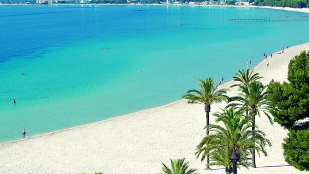 Una playa con aguas turquesas cristalinas, arena blanca y palmeras.