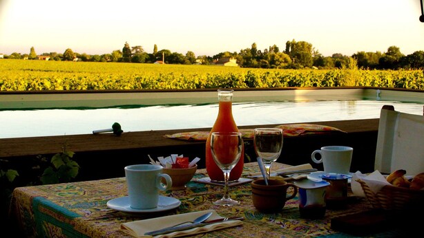 Une table dressée avec une tasse blanche, un verre, une bouteille et un bol, donnant sur un champ et sur l’eau.